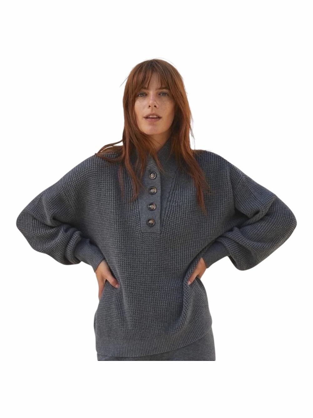 Lunya Women's Cozy Cotton Silk Henley Sweater Gray Size XS/S